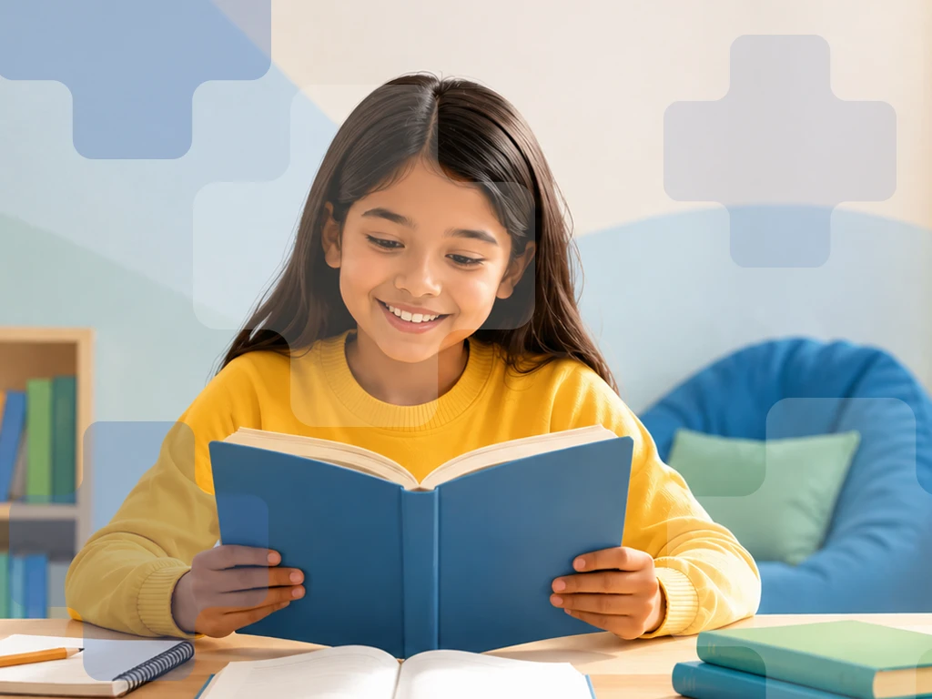 Happy girl reading a book